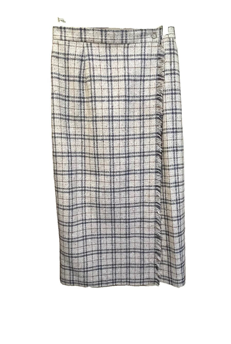 Vtg Portraits Northern Isles Wool Plaid Midi Wrap Skirt Size 12 Beige Academic